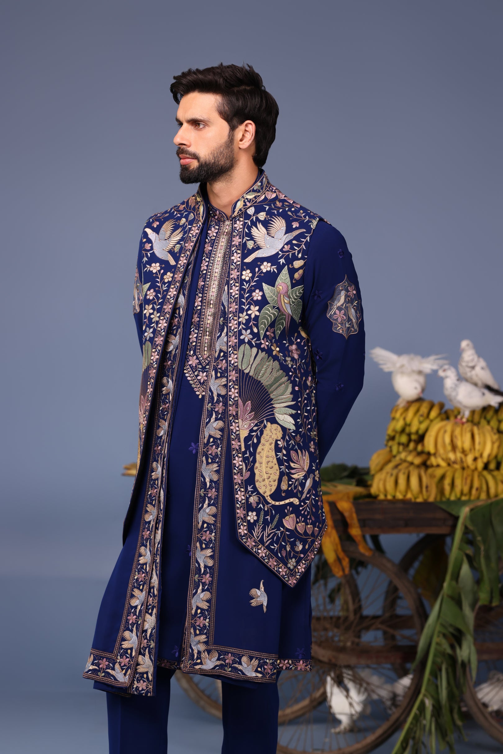 Neil Nitin Mukeshin Faiz Wild Grace Navy Blue Kurta Jacket Set