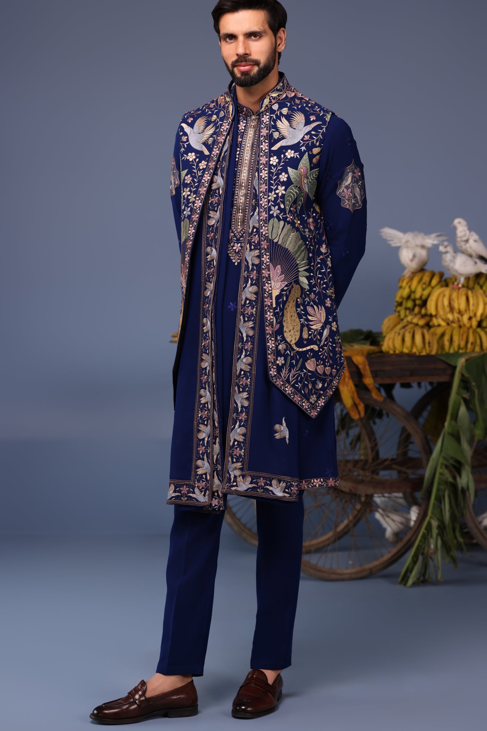 Neil Nitin Mukeshin Faiz Wild Grace Navy Blue Kurta Jacket Set