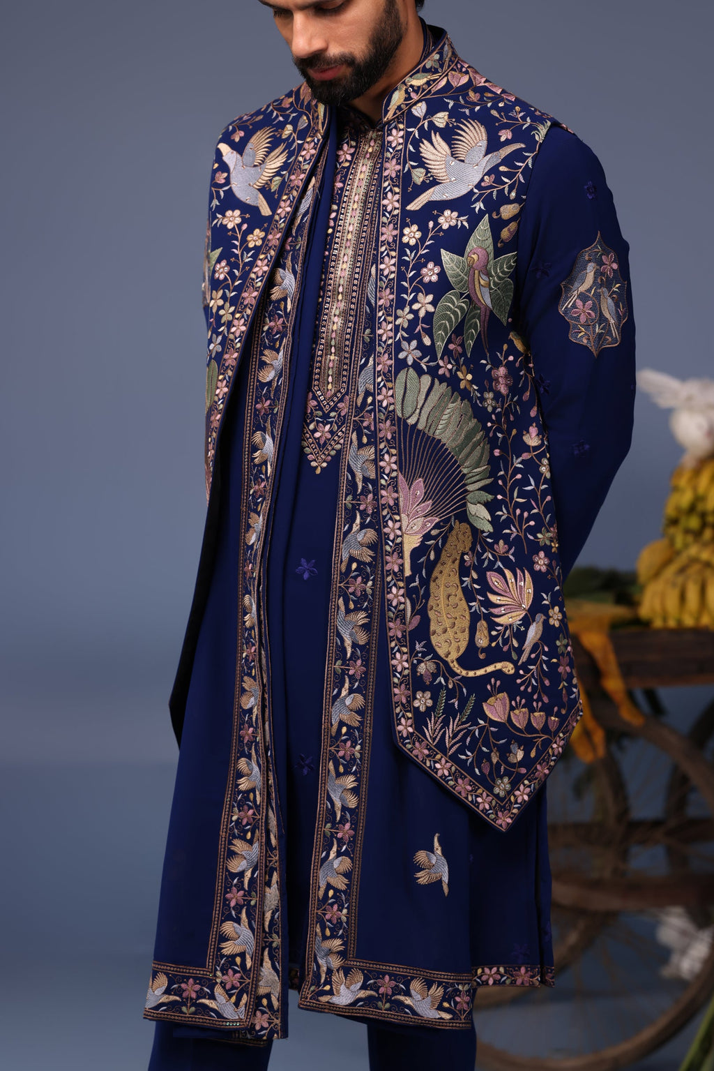 Neil Nitin Mukeshin Faiz Wild Grace Navy Blue Kurta Jacket Set
